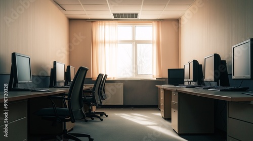 Empty Office Space with Computers and Natural Light