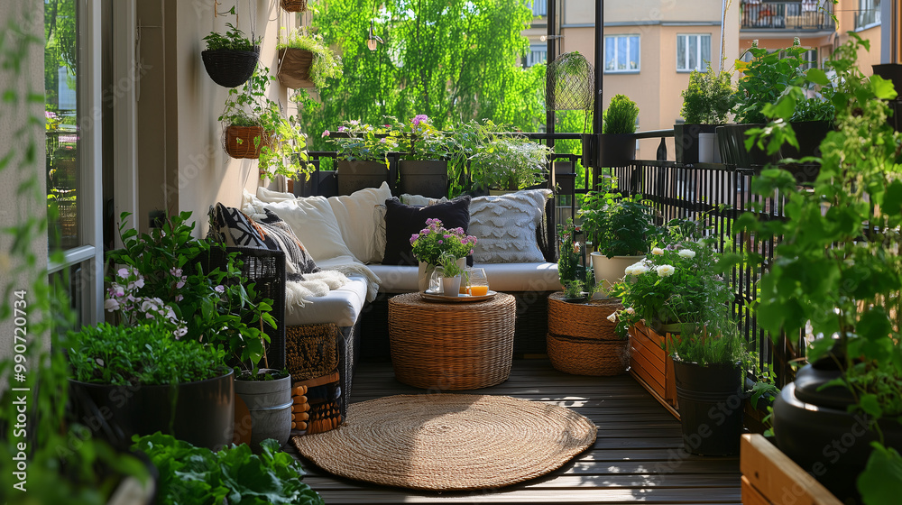 Fototapeta premium Compact balcony with a small wooden deck, a cozy outdoor rug, and a mix of greenery and flowers in various planters, creating a relaxing atmosphere