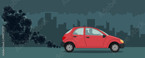 Illustration vectorielle montrant une voiture diesel qui pollue en ville avec un gros nuage de fumée qui sort du pot d'échappement
