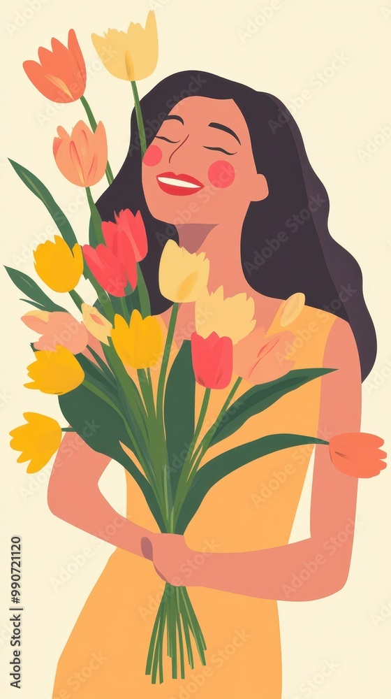 A smiling mother embraces a colorful bouquet of flowers, celebrating a joyful Mother’s Day A smiling mother embraces a colorful bouquet of flowers, celebrating a joyful Mother’s Day