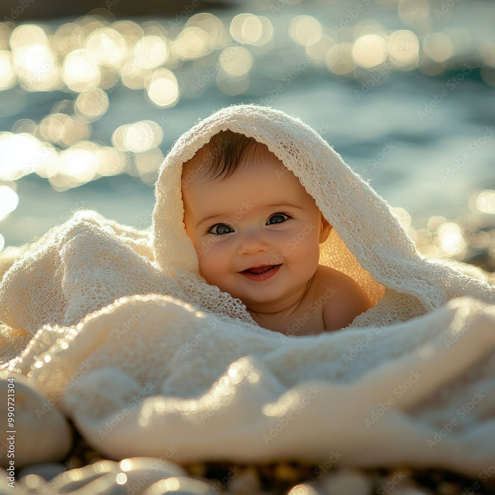 Portrait of adorable newborn baby at the beach Portrait of adorable newborn baby at the beach