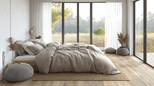 A rustic modern bedroom with warm wooden floors, a large bed with layered soft linens in neutral tones, oversized windows looking out onto a peaceful nature scene,