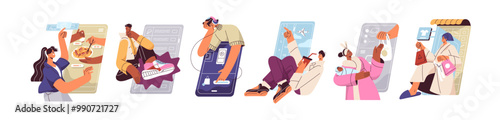 Online shopping concept. Customers make purchases of internet with smartphone. People buy clothes, make orders of food, booking tickets by phone. Flat isolated vector illustrations on white background