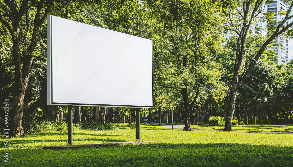 A blank billboard stands in a green park, surrounded by trees and grass, ready for advertising or announcements. A blank billboard stands in a green park, surrounded by trees and grass, ready for advertising or announcements.