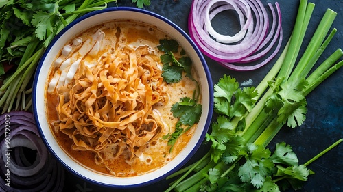 A bowl of Thai Khao Soi curry noodles with garnishes like red onion, spring onions, cilantro and chili. photo