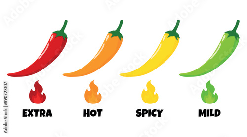 Vector chili pepper hot spicy level labels. Chili pepper with red, yellow, orange and green flames. Extra, spicy, hot and mild strength. Red chili pepper, cayenne, jalapeno, habanero with fire flames