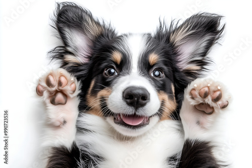 cute border collie dog laying on the back, showing its adorable paws and looking directly with curious face expression; funny puppie isolated on white background