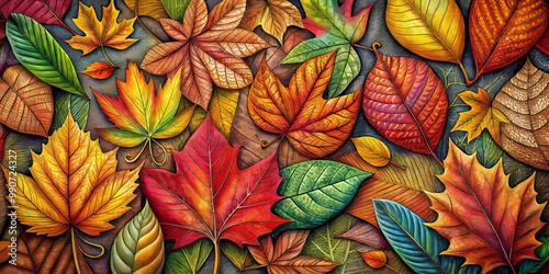 Whimsical illustrations of fall leaves unfold in an artistic collection, featuring bold, autumnal hues and intricate