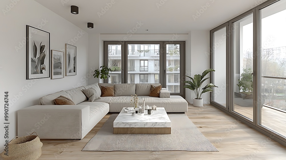 A sleek and modern minimalist living room, white walls, light grey sofa, marble coffee table, and large windows providing a view of the outdoors, sunlight creating a soft and natural ambiance, A sleek and modern minimalist living room, white walls, light grey sofa, marble coffee table, and large windows providing a view of the outdoors, sunlight creating a soft and natural ambiance,