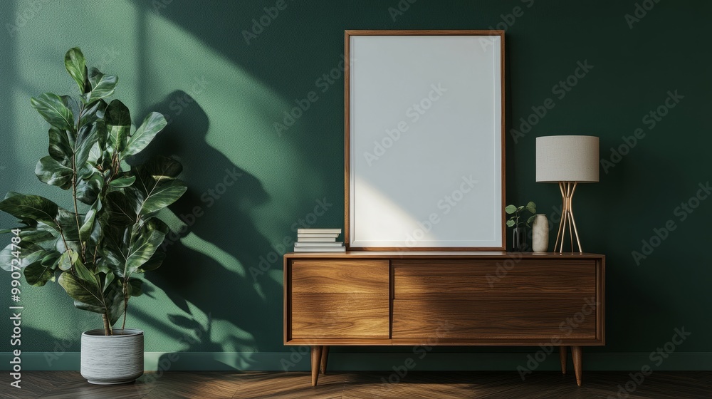 Elegant frame mock-up on a modern commode, surrounded by stylish decor in a dark green living room interior. Elegant frame mock-up on a modern commode, surrounded by stylish decor in a dark green living room interior.