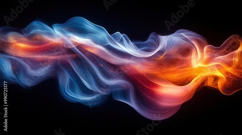 abstract light painting with swirling luminous streaks in vibrant colors creating ethereal patterns against deep black background long exposure effect