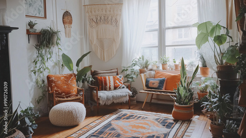 Wallpaper Mural Eclectic living space in a studio apartment, showcasing a boho-chic vibe with layered textiles, mismatched chairs, and lots of plants Torontodigital.ca