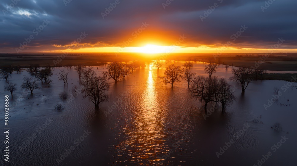 Fototapeta premium A tranquil sunset reflects on flooded fields, silhouetting trees against a dramatic sky with hues of orange and purple.