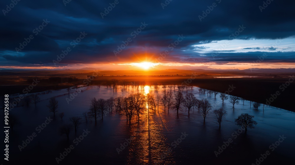 Fototapeta premium A stunning sunset reflects over a tranquil water surface, silhouetting trees against a dramatic sky filled with dark clouds and brilliant orange light.