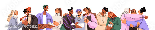 Horizontal banner with friendship concept. Happy friends, couples in love spends time together. Young men and women have fun, talk, hug, take selfie. Flat vector illustration on white background