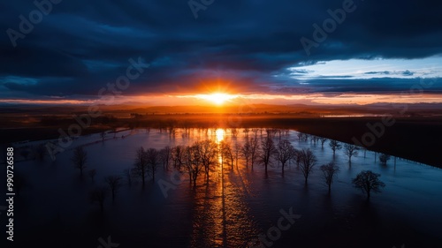 A stunning sunset reflects over a tranquil water surface, silhouetting trees against a dramatic sky filled with dark clouds and brilliant orange light.