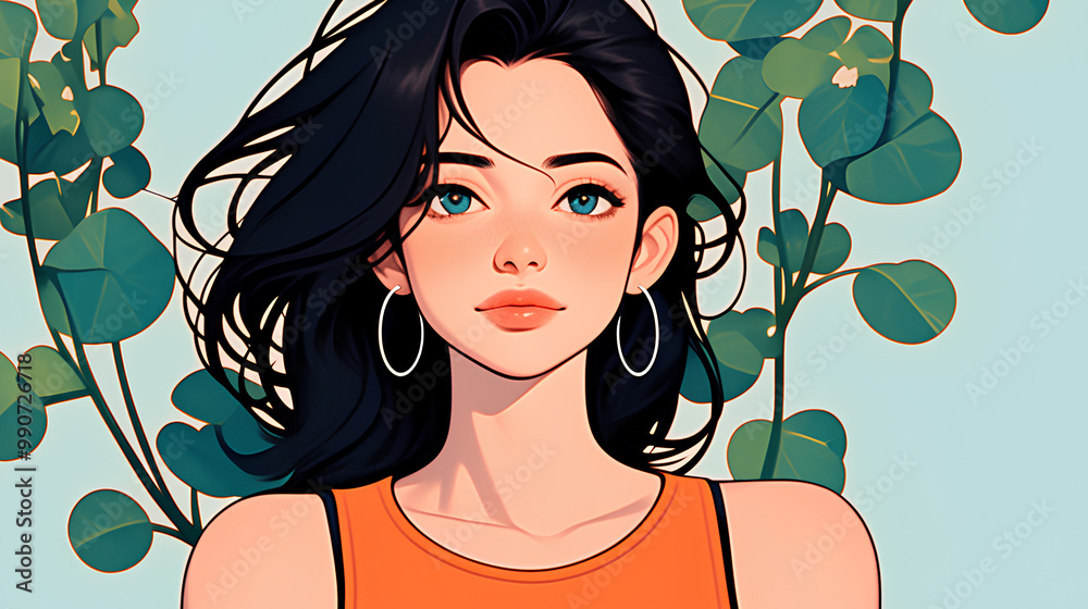 an illustration of a woman with long, flowing black hair. She has a fair complexion and is wearing large hoop earrings. Her expression is calm and she is looking directly at the viewer an illustration of a woman with long, flowing black hair. She has a fair complexion and is wearing large hoop earrings. Her expression is calm and she is looking directly at the viewer