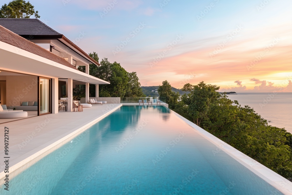 Fototapeta premium luxurious beachfront villa with an infinity pool at sunset