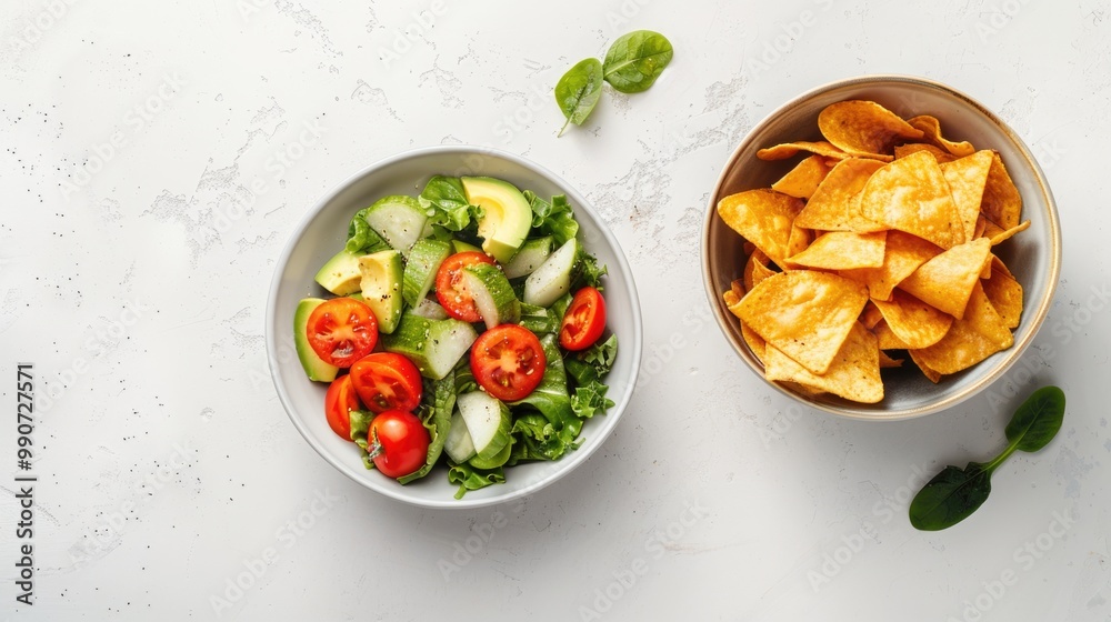In one bowl green fresh salad with tomatoes and avocado, in another bowl chips. Healthy natural organic fresh vegetarian food vs unhealthy processed fast food. Lunch or snack solution