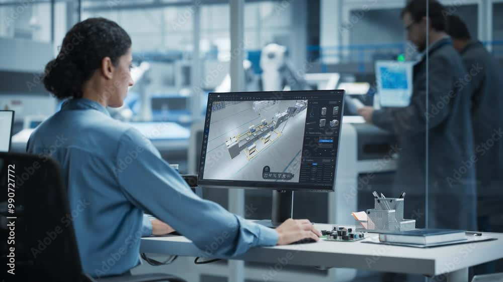 Futuristic Factory Design: Engineer Utilizes Advanced 3d Software to Visualize Robotic Assembly Line. Innovative Manufacturing Concept for Next-generation Production Processes and Smart Automation. Futuristic Factory Design: Engineer Utilizes Advanced 3d Software to Visualize Robotic Assembly Line. Innovative Manufacturing Concept for Next-generation Production Processes and Smart Automation.