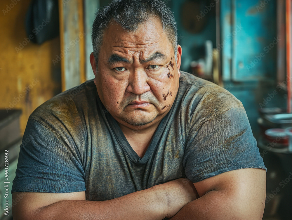 Fototapeta premium Middle-aged Asian man in a stoic portrait.