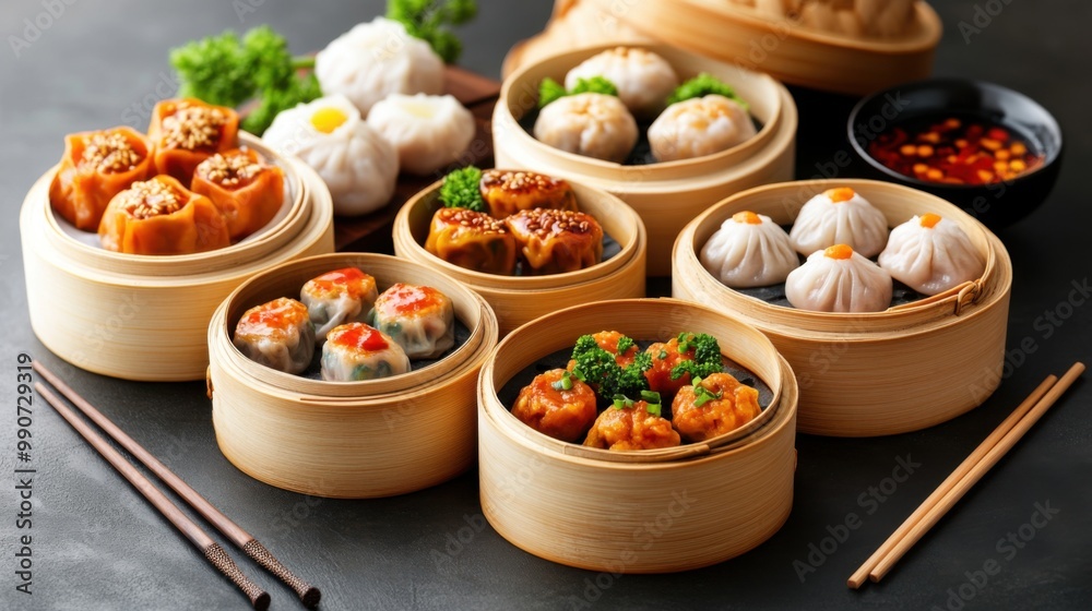 Dim Sum Variety in Bamboo Steamer Baskets Dim Sum Variety in Bamboo Steamer Baskets