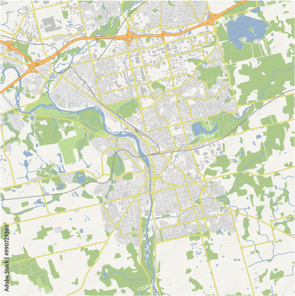 Fototapeta premium Map of Cambridge in Canada in a normal road map style. Contains layered vector with roads water, parks, etc.