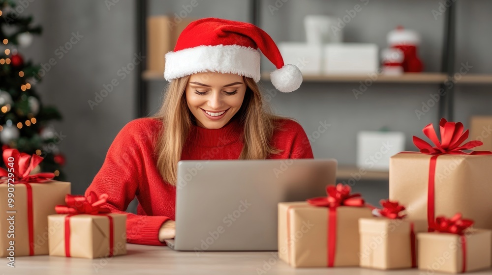 A woman in a Santa hat working on her laptop amid Christmas boxes during the festive holiday season A woman in a Santa hat working on her laptop amid Christmas boxes during the festive holiday season