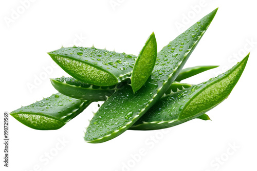 Fresh aloe vera leaves with thick, fleshy texture, isolated on a transparent background, PNG file. photo