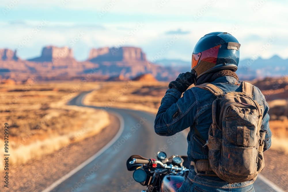 A motorcyclist prepares for a ride along a winding road in a desert landscape with majestic rock formations under a clear sky A motorcyclist prepares for a ride along a winding road in a desert landscape with majestic rock formations under a clear sky