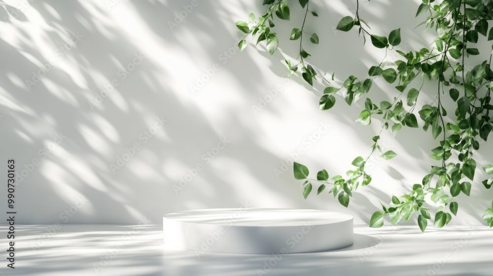 Simple white pedestal with soft shadows from green leaves gently falling on a sunlit, bright wall. Simple white pedestal with soft shadows from green leaves gently falling on a sunlit, bright wall.