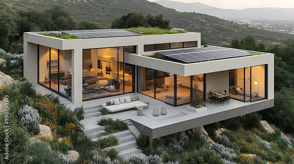 A sleek modern eco-home with solar panels, large windows, and an ... - Modern Eco Homes With Great Views In The Downtown Area