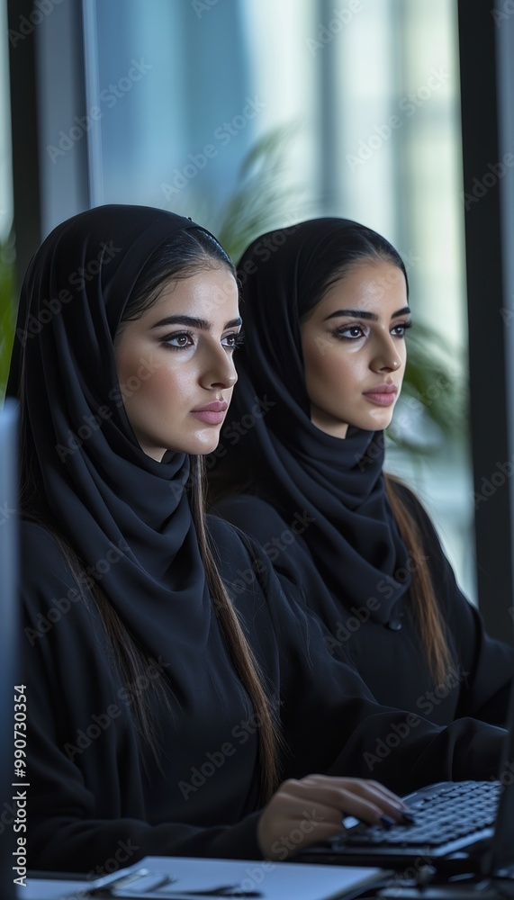 Two Arab Businesswomen in Hijabs Working on Laptops in Modern Office, Focused Professionals Two Arab Businesswomen in Hijabs Working on Laptops in Modern Office, Focused Professionals