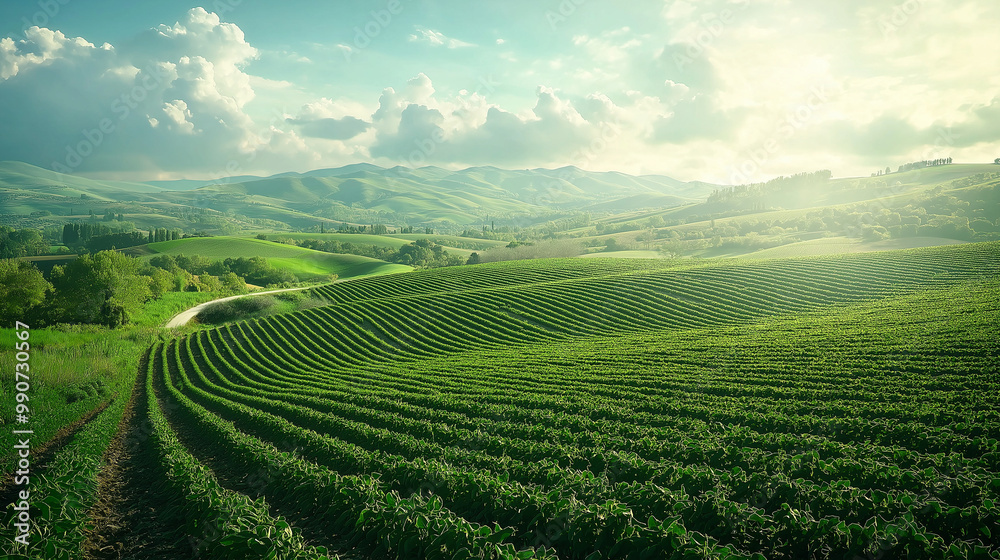An artistic visualization of how AI and machine learning automate the irrigation process by integrating weather patterns and crop needs, set against a backdrop of lush fields An artistic visualization of how AI and machine learning automate the irrigation process by integrating weather patterns and crop needs, set against a backdrop of lush fields