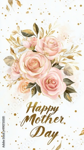 A stylish poster design for Mother's Day with delicate roses and gold text celebrating mothers