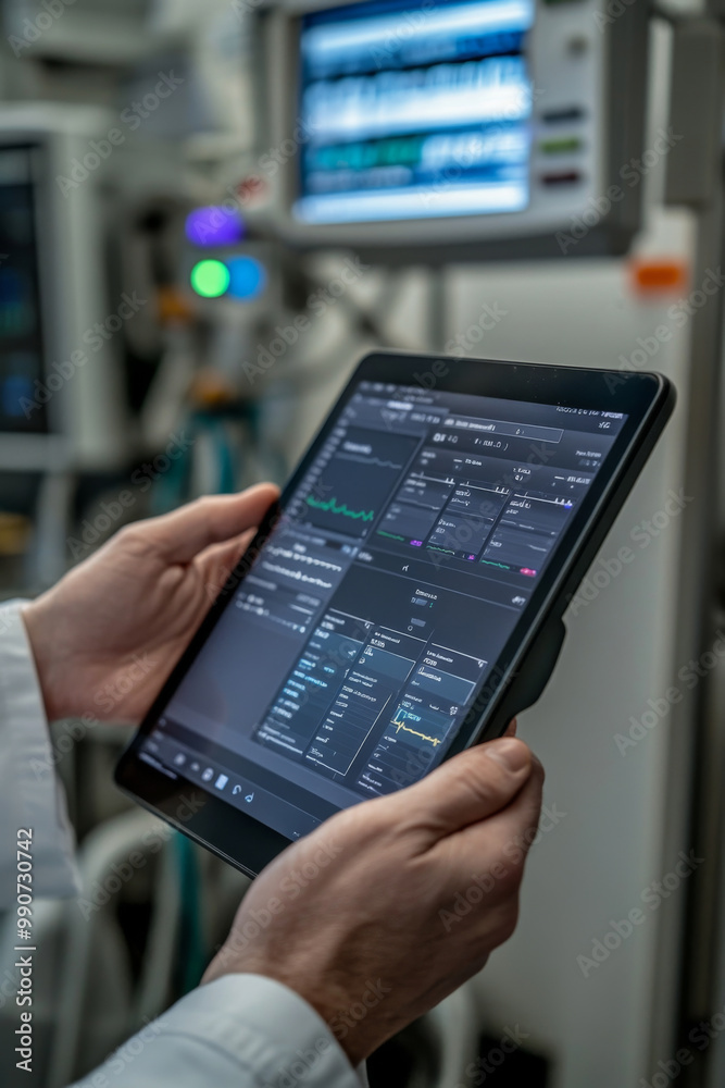 A healthcare worker observes vital patient statistics displayed on a tablet while conducting evaluations in a hospital environment at night. A healthcare worker observes vital patient statistics displayed on a tablet while conducting evaluations in a hospital environment at night.