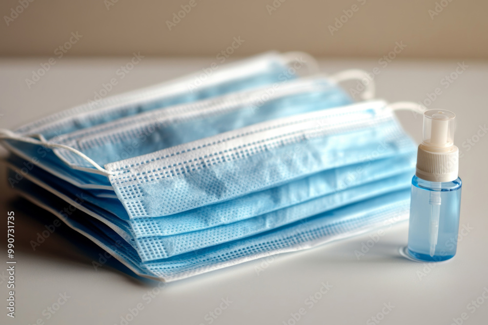 Several disposable medical face masks are stacked next to two small bottles of hand sanitizer, all illuminated by natural light creating interesting shadow patterns. Several disposable medical face masks are stacked next to two small bottles of hand sanitizer, all illuminated by natural light creating interesting shadow patterns.