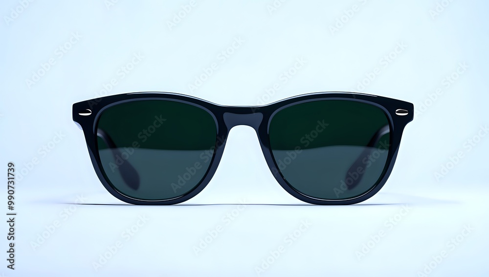 A pair of black sunglasses with dark lenses on a light blue background. A pair of black sunglasses with dark lenses on a light blue background.