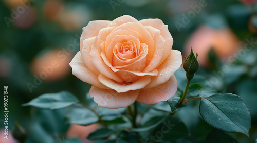 Beautiful roses blossom with bright petals and dark green leaves