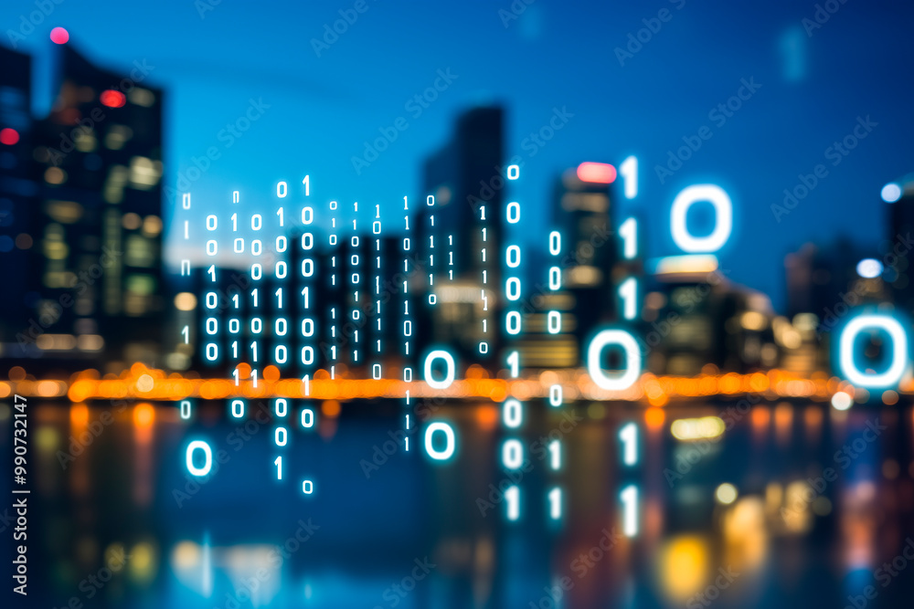 Binary Code Over Cityscape Representing Network and Data Flow Binary Code Over Cityscape Representing Network and Data Flow