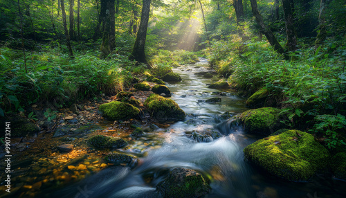 A serene forest scene featuring a gentle stream flowing over moss-covered rocks, illuminated by soft sunlight.