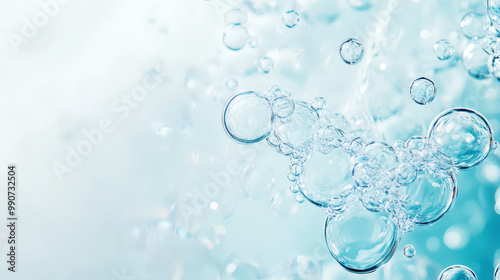 Blue water bubbles and splashes on clean background, aesthetic mockup. Generative AI