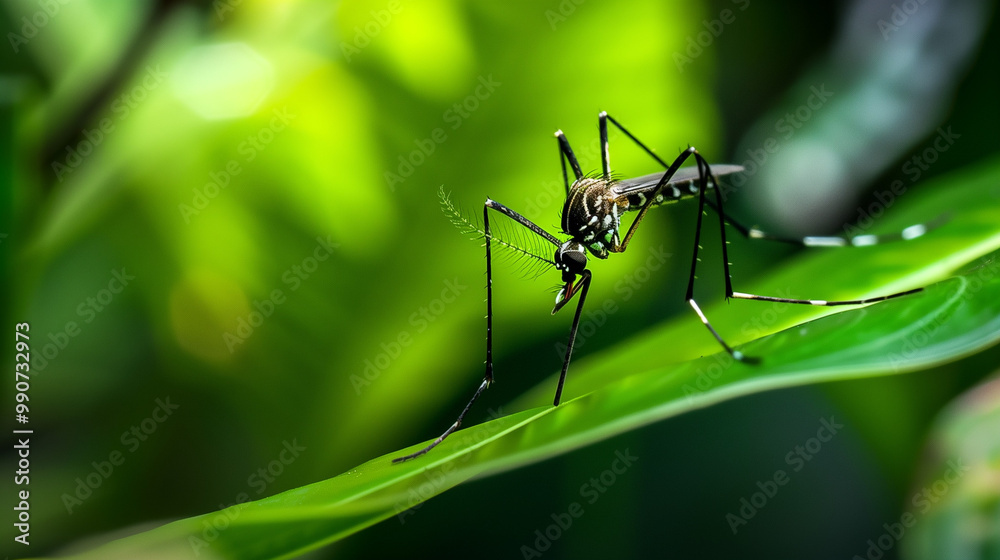 Close-Up of a Mosquito Resting on a Leaf with a Blurred Tropical Forest Background, Highlighting Its Role in Transmitting Viruses, Captured with Shallow Depth of Field for Emphasis Close-Up of a Mosquito Resting on a Leaf with a Blurred Tropical Forest Background, Highlighting Its Role in Transmitting Viruses, Captured with Shallow Depth of Field for Emphasis