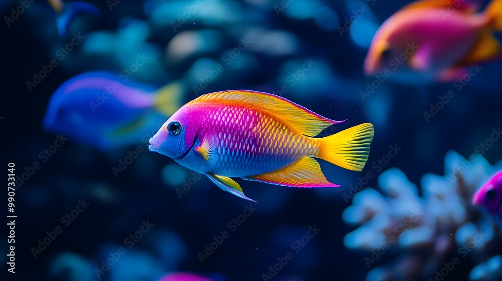 A group of colorful tropical fish swimming in the water, with vibrant colors and beautiful coral reefs around them A group of colorful tropical fish swimming in the water, with vibrant colors and beautiful coral reefs around them
