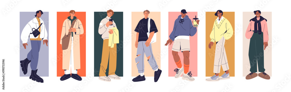 Diverse stylish men set. Happy people wearing season vogue outfits. Modern guys in trendy clothes with accessories, bags. Male street fashion. Flat isolated vector illustrations on white background Diverse stylish men set. Happy people wearing season vogue outfits. Modern guys in trendy clothes with accessories, bags. Male street fashion. Flat isolated vector illustrations on white background