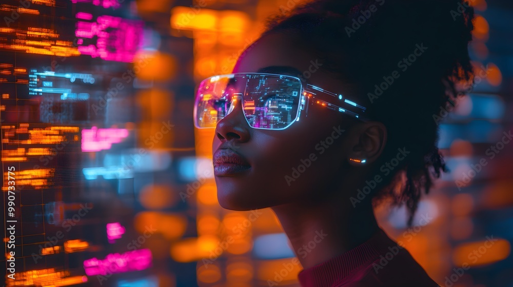 Black student analyzing cybersecurity threats, glowing AR data interface, high-tech classroom, data privacy focus, vibrant neon and holographic elements, futuristic tech collage Black student analyzing cybersecurity threats, glowing AR data interface, high-tech classroom, data privacy focus, vibrant neon and holographic elements, futuristic tech collage