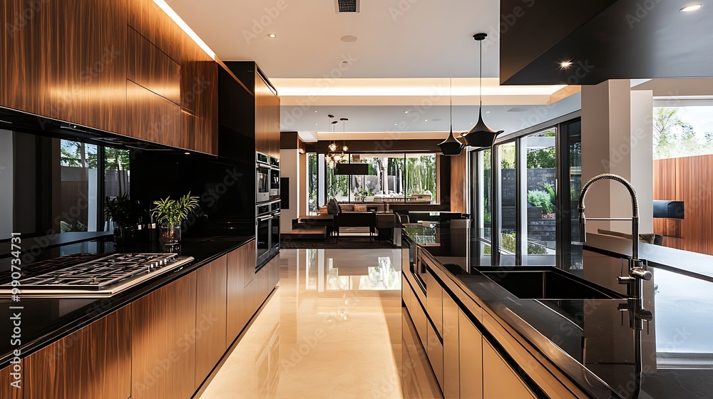 Modern Minimalist Kitchen Room with Wooden Table, luxurious Interior Design, Furniture with Background