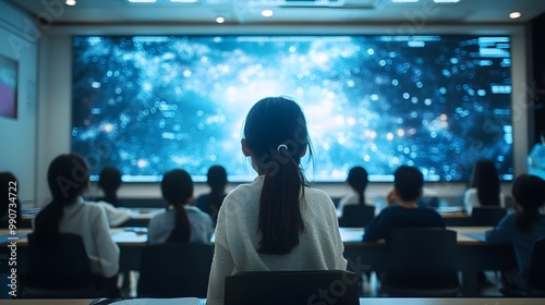 Classroom of students learning with AI holographic data, computers displaying interactive machine learning algorithms, smart tech enhancing their studies