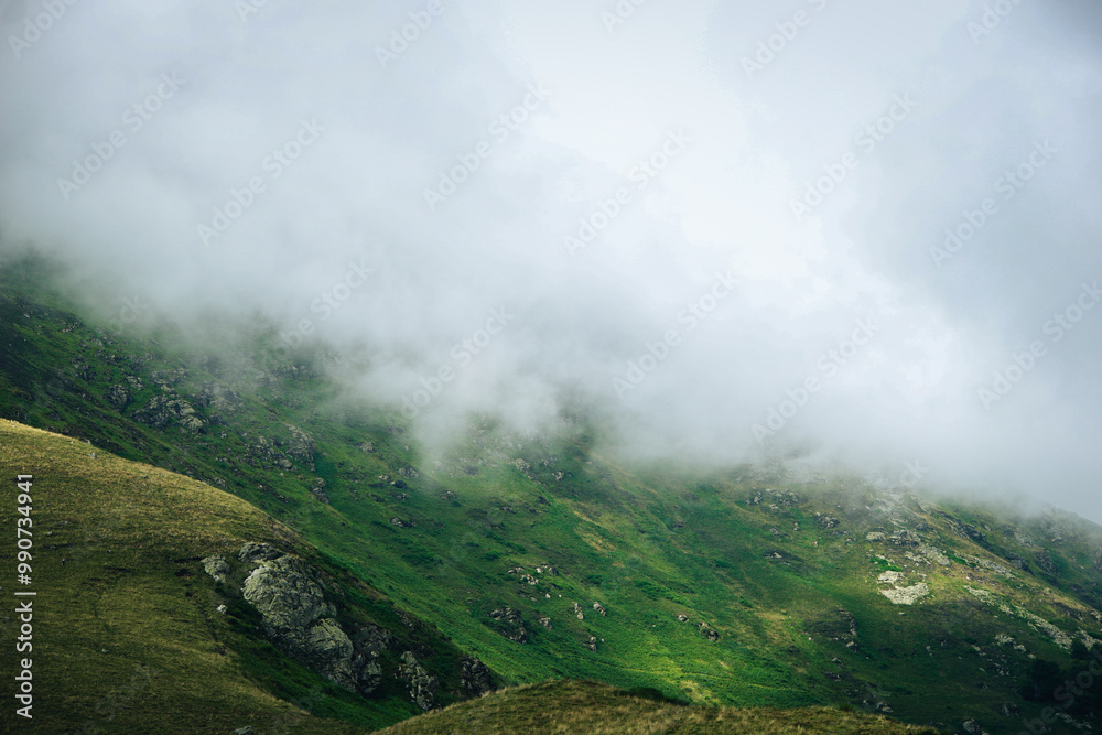 Fototapeta premium Misty coniferous forest in the mountains ''Col de la core'' France