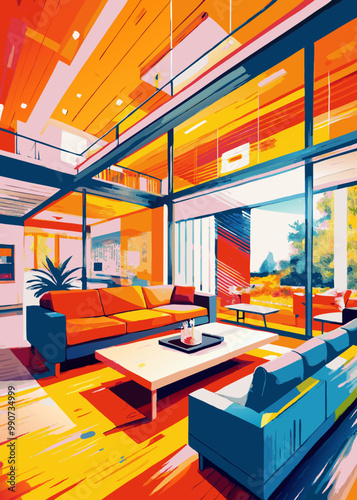 Vibrant Modern Living Room Interior with Warm Colors and Stylish Decor